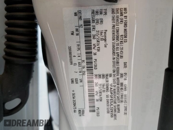 2018 Ford Focus SE с VIN 1FADP3FE5JL329350, выставлен на аукционе Copart как лот 57339055 с пробегом 61 391 миль миль и Списание • Salvage title. История ставок и продаж доступна на DreamBid. Изображение 12.