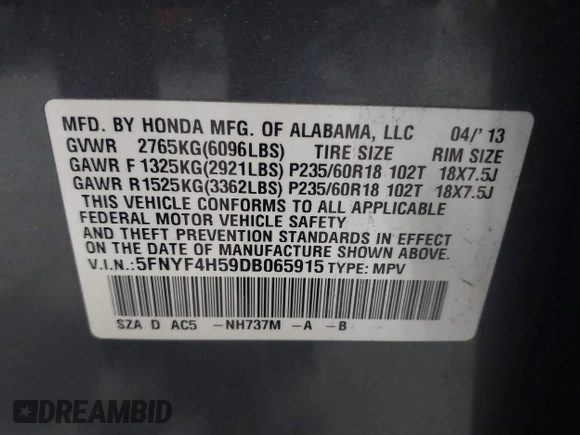 2013 Honda Pilot EX-L with VIN 5FNYF4H59DB065915, listed as a IAAI auction lot 42063074 with 118,894 mi miles. Bid and sale history available at carsss.com. Image 9.