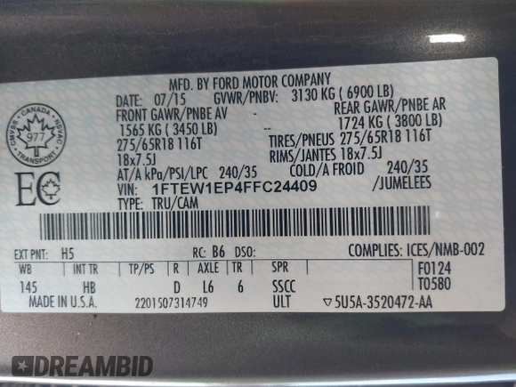 2015 Ford F-150 XLT with VIN 1FTEW1EP4FFC24409, listed as a IAAI auction lot 41306158 with 155,249 mi miles. Bid and sale history available at carsss.com. Image 9.