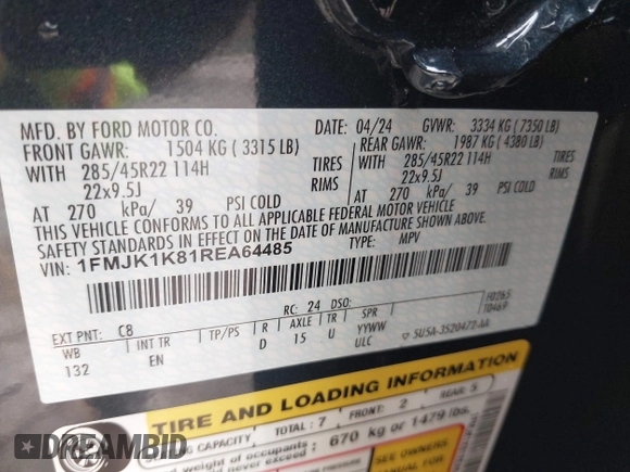 2024 Ford Expedition Max Limited with VIN 1FMJK1K81REA64485, listed as a IAAI auction lot 41657071 with 8,722 mi miles and . Bid and sale history available at DreamBid. Image 9.