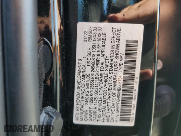 2022 Honda Passport TrailSport with VIN 5FNYF8H6XNB003764, listed as a Copart auction lot 56180195 with 61,515 mi miles and Salvage title. Bid and sale history available at DreamBid. Image 13.