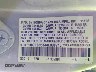 2004 Honda Civic VP z VIN 1HGES16344L008745, wystawiony jako IAAI lot #39006629 z przebiegiem Nie podano mil oraz . Historia ofert i sprzedaży dostępna na DreamBid. Obrazek 9.
