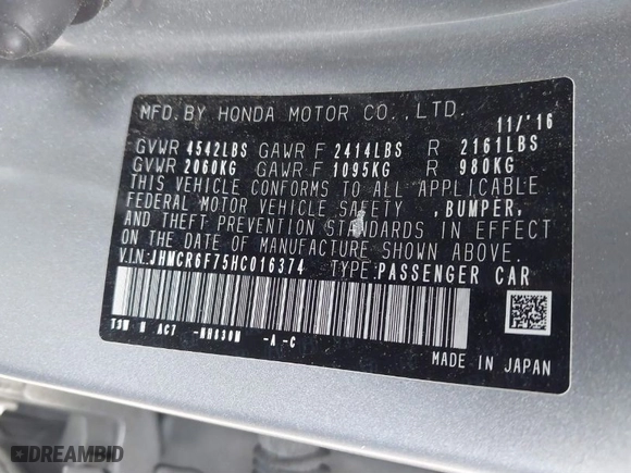 2017 Honda Accord Hybrid Touring with VIN JHMCR6F75HC016374, listed as a IAAI auction lot 41468778 with 180,618 mi miles. Bid and sale history available at carsss.com. Image 9.