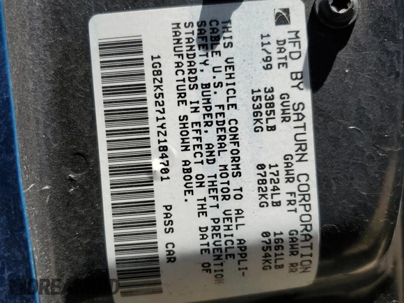 2000 Saturn SL with VIN 1G8ZK5271YZ184701, listed as a Copart auction lot 61598135 with 123,309 mi miles and Salvage title. Bid and sale history available at DreamBid. Image 12.