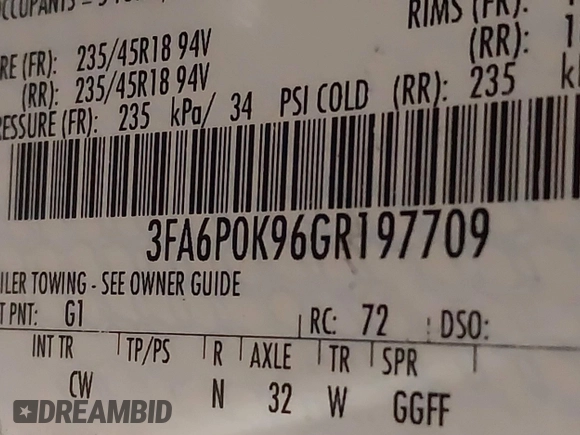 2016 Ford Fusion Titanium with VIN 3FA6P0K96GR197709, listed as a IAAI auction lot 40977902 with 135,259 mi miles. Bid and sale history available at carsss.com. Image 9.