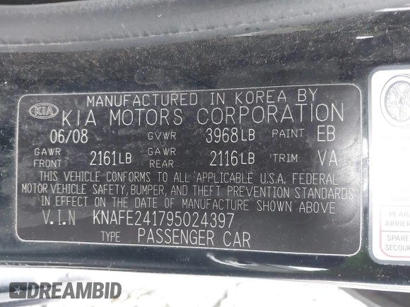 2009 Kia Spectra with VIN KNAFE241795024397, listed as a IAAI auction lot 41828281 with 236,771 mi miles. Bid and sale history available at carsss.com. Image 9.
