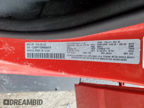 2021 Ram 1500 Big Horn with VIN 1C6SRFFT5MN504479, listed as a Copart auction lot 57691465 with 77,260 mi miles and Salvage title. Bid and sale history available at DreamBid. Image 12.
