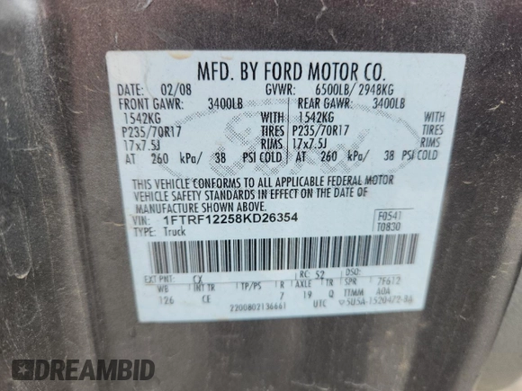 2008 Ford F-150 XL with VIN 1FTRF12258KD26354, listed as a Copart auction lot 63392735 with 182,125 mi miles and Clean title. Bid and sale history available at DreamBid. Image 12.
