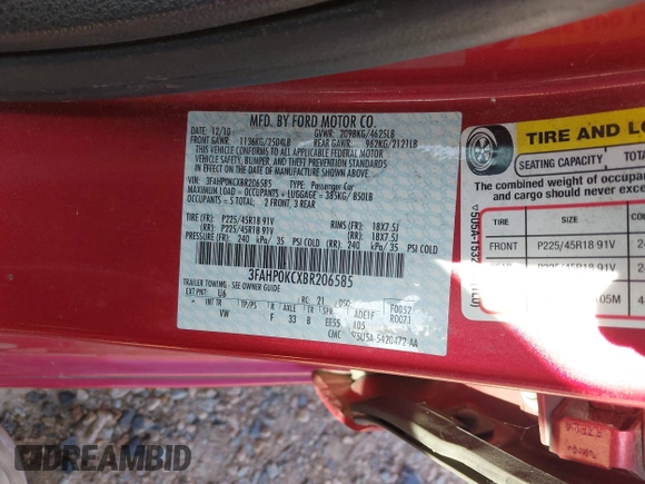 2011 Ford Fusion SPORT with VIN 3FAHP0KCXBR206585, listed as a IAAI auction lot 41779683 with 171,958 mi miles. Bid and sale history available at carsss.com. Image 9.