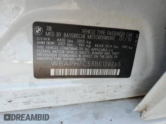 2011 BMW 3 Series 328i with VIN WBAPH7C53BE126265, listed as a Copart auction lot 64066425 with 165,444 mi miles and Salvage title. Bid and sale history available at DreamBid. Image 13.