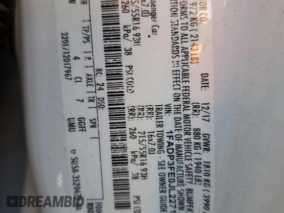 2018 Ford Focus SE with VIN 1FADP3FE0JL227146, listed as a Copart auction lot 56151985 with 124,517 mi miles and Salvage title. Bid and sale history available at DreamBid. Image 12.
