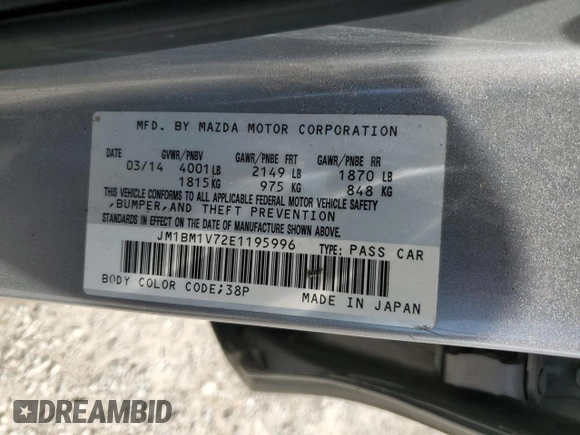 2014 Mazda 3 i Touring with VIN JM1BM1V72E1195996, listed as a Copart auction lot 54355625 with Not Provided miles and Salvage Title. Bid and sale history available at DreamBid. Image 12.