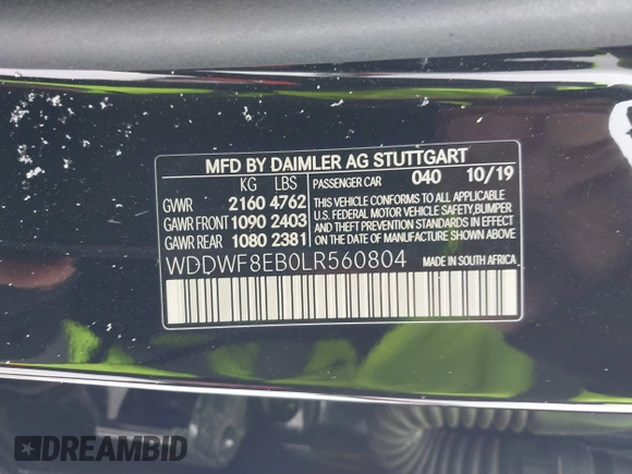 2020 Mercedes-Benz C 300 with VIN WDDWF8EB0LR560804, listed as a IAAI auction lot 41620613 with 48,555 mi miles and . Bid and sale history available at DreamBid. Image 9.