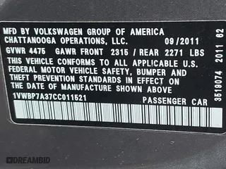 2012 Volkswagen Passat SE with VIN 1VWBP7A37CC011521, listed as a IAAI auction lot 41876767 with 125,543 mi miles. Bid and sale history available at carsss.com. Image 9.