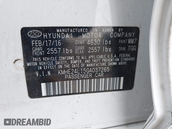 2016 Hyundai Sonata SE with VIN KMHE24L15GA037265, listed as a IAAI auction lot 40752675 with Not Provided miles and . Bid and sale history available at DreamBid. Image 9.