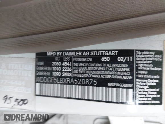 2011 Mercedes-Benz C 300 Sport with VIN WDDGF5EBXBA520875, listed as a IAAI auction lot 41477886 with 135,012 mi miles and . Bid and sale history available at DreamBid. Image 9.
