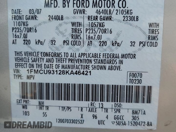 2008 Ford Escape XLT with VIN 1FMCU93128KA46421, listed as a Copart auction lot 50521245 with 251,985 mi miles and Salvage title. Bid and sale history available at DreamBid. Image 13.