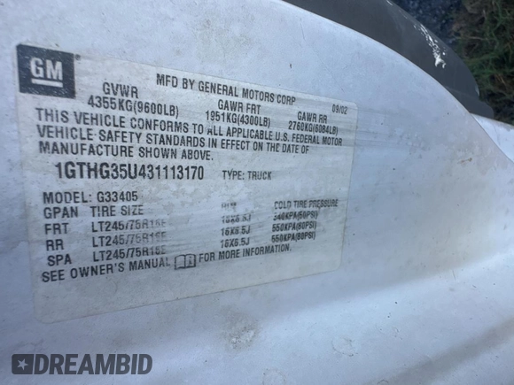 2003 GMC Savana Cargo z VIN 1GTHG35U431113170, wystawiony jako Copart lot #78915184 z przebiegiem 293 807 mil mil oraz Czysty tytuł • Clean title. Historia ofert i sprzedaży dostępna na DreamBid. Obrazek 10.