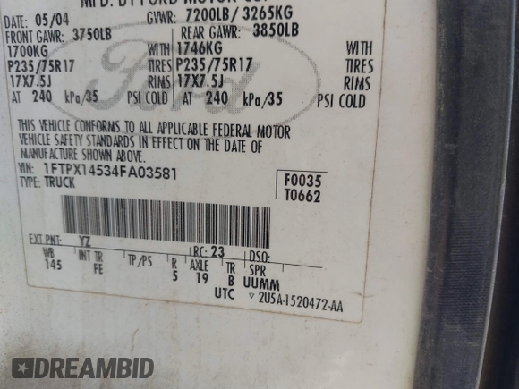 2004 Ford F-150 XLT с VIN 1FTPX14534FA03581, выставлен на аукционе IAAI как лот 41771771 с пробегом 170 083 миль миль и . История ставок и продаж доступна на DreamBid. Изображение 9.