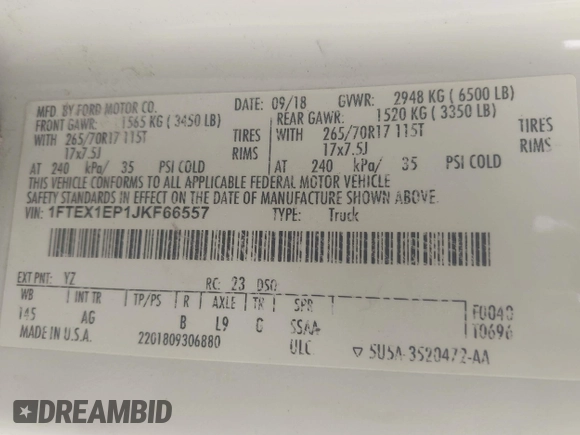 2018 Ford F-150 XL with VIN 1FTEX1EP1JKF66557, listed as a IAAI auction lot 42099567 with 126,516 mi miles and . Bid and sale history available at DreamBid. Image 9.