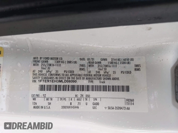 2021 Ford Ranger XL with VIN 1FTER1EH3MLD08090, listed as a IAAI auction lot 42237937 with 68,757 mi miles and . Bid and sale history available at DreamBid. Image 9.