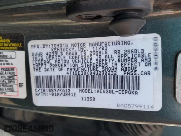 2004 Toyota Camry LE with VIN 4T1BE30K04U290232, listed as a Copart auction lot 59788975 with Not provided miles and Salvage title. Bid and sale history available at DreamBid. Image 12.