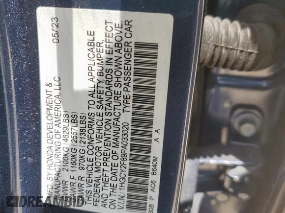 2023 Honda Accord Touring with VIN 1HGCY2F89PA033020, listed as a Copart auction lot 61122135 with 37,037 mi miles and Salvage title. Bid and sale history available at DreamBid. Image 12.