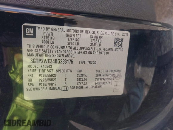 2011 GMC Sierra 1500 SLT with VIN 3GTP2WE34BG283175, listed as a IAAI auction lot 42681744 with 124,863 mi miles and . Bid and sale history available at DreamBid. Image 9.