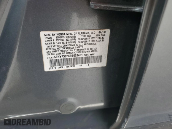 2009 Honda Pilot LX with VIN 5FNYF382X9B028461, listed as a Copart auction lot 52068575 with 189,267 mi miles and Salvage title. Bid and sale history available at DreamBid. Image 13.