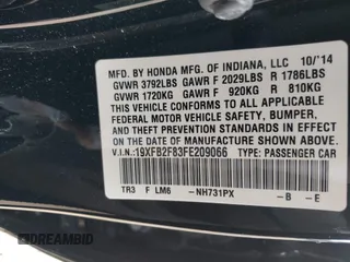 2015 Honda Civic EX with VIN 19XFB2F83FE209066, listed as a IAAI auction lot 41976108 with 96,996 mi miles and . Bid and sale history available at carsss.com. Image 9.