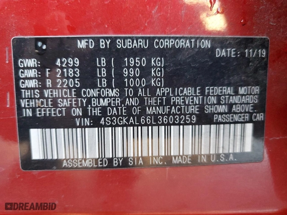 2020 Subaru Impreza Sport with VIN 4S3GKAL66L3603259, listed as a Copart auction lot 42655695 with 0 mi miles and Salvage Title. Bid and sale history available at carsss.com. Image 12.
