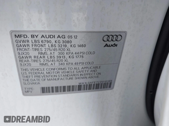 2012 Audi Q7 3.0T Premium Plus with VIN WA1LGAFE7CD010386, listed as a IAAI auction lot 41307785 with 208,704 mi miles. Bid and sale history available at carsss.com. Image 9.