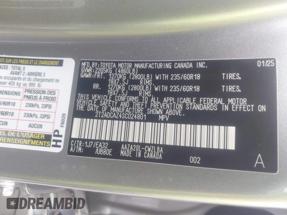 2025 Lexus NX 250 with VIN 2T2ADCAZ4SC024801, listed as a IAAI auction lot 41727939 with 77 mi miles and . Bid and sale history available at DreamBid. Image 9.