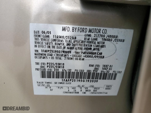 2005 Ford Five Hundred Limited with VIN 1FAFP25195G192039, listed as a Copart auction lot 50516245 with 89,978 mi miles and Salvage Title. Bid and sale history available at carsss.com. Image 14.