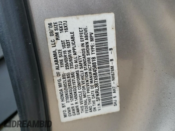 2006 Honda Odyssey EX-L z VIN 5FNRL387X6B458818, wystawiony jako Copart lot #61801335 z przebiegiem 227 179 mil mil oraz Czysty tytuł • Clean title. Historia ofert i sprzedaży dostępna na DreamBid. Obrazek 13.