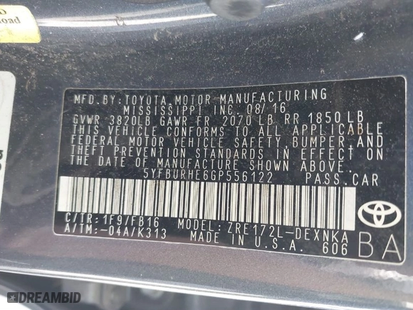 2016 Toyota Corolla L with VIN 5YFBURHE6GP556122, listed as a IAAI auction lot 41885959 with 210,711 mi miles. Bid and sale history available at carsss.com. Image 9.