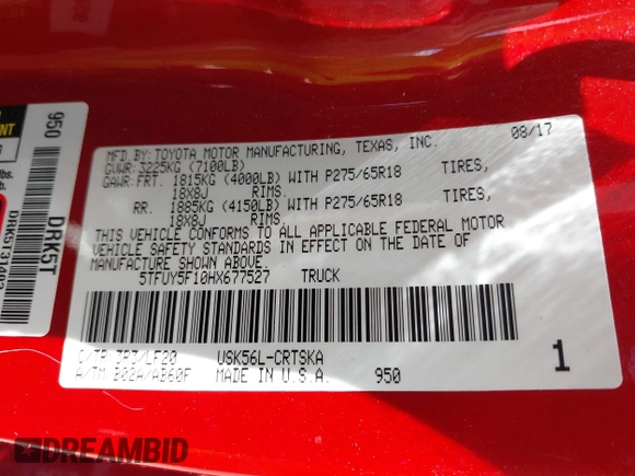 2017 Toyota Tundra SR z VIN 5TFUY5F10HX677527, wystawiony jako IAAI lot #42157357 z przebiegiem 43 111 mil mil oraz . Historia ofert i sprzedaży dostępna na DreamBid. Obrazek 9.
