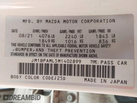 2021 Mazda 3 Premium z VIN JM1BPAML5M1402899, wystawiony jako IAAI lot #42252886 z przebiegiem Nie podano mil oraz . Historia ofert i sprzedaży dostępna na DreamBid. Obrazek 9.