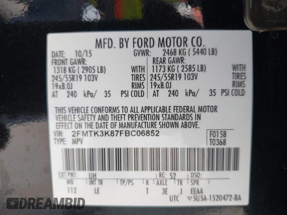 2015 Ford Edge Titanium z VIN 2FMTK3K87FBC06852, wystawiony jako IAAI lot #42335238 z przebiegiem 187 256 mil mil oraz . Historia ofert i sprzedaży dostępna na DreamBid. Obrazek 9.