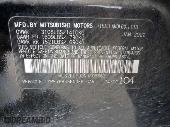 2022 Mitsubishi Mirage ES with VIN ML32FUFJ2NHF06863, listed as a Copart auction lot 55861615 with 29,514 mi miles and Salvage title. Bid and sale history available at DreamBid. Image 12.