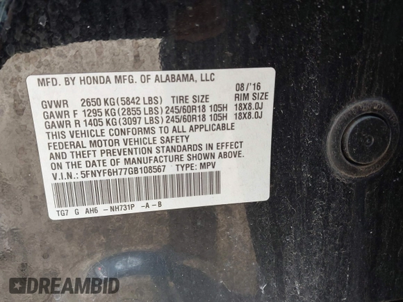 2016 Honda Pilot EX-L with VIN 5FNYF6H77GB108567, listed as a IAAI auction lot 41704962 with 193,873 mi miles. Bid and sale history available at carsss.com. Image 9.
