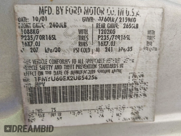 2002 Ford Explorer Sport Value with VIN 1FMYU60EX2UB54258, listed as a IAAI auction lot 42414284 with 230,433 mi miles and . Bid and sale history available at DreamBid. Image 9.