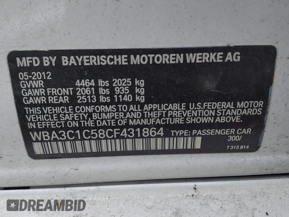 2012 BMW 3 Series 328i с VIN WBA3C1C58CF431864, выставлен на аукционе IAAI как лот 41732575 с пробегом Не указан миль и . История ставок и продаж доступна на DreamBid. Изображение 9.