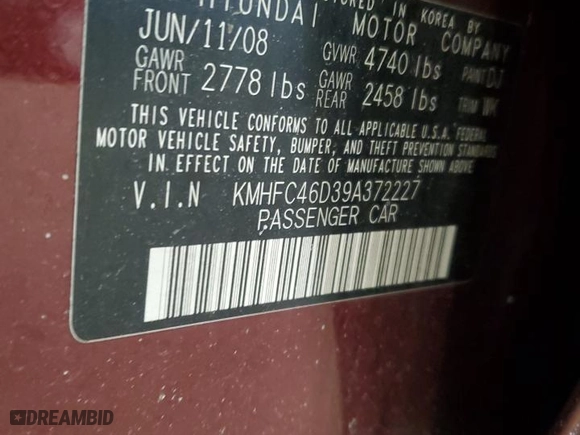 2009 Hyundai Azera GLS with VIN KMHFC46D39A372227, listed as a Copart auction lot 45176155 with 107,993 mi miles and Non Repairable. Bid and sale history available at carsss.com. Image 12.