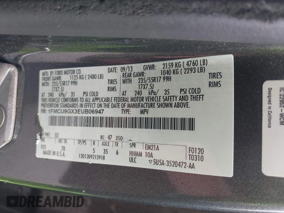 2014 Ford Escape SE with VIN 1FMCU9GX3EUB06947, listed as a IAAI auction lot 42193325 with 138,923 mi miles and . Bid and sale history available at DreamBid. Image 9.