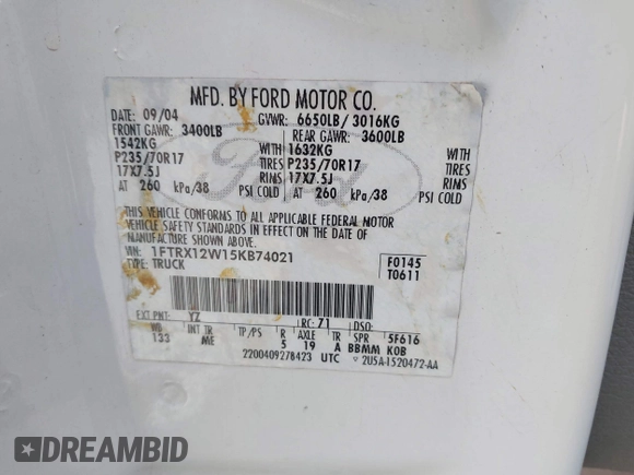 2005 Ford F-150 STX с VIN 1FTRX12W15KB74021, выставлен на аукционе IAAI как лот 41549011 с пробегом 173 750 миль миль и . История ставок и продаж доступна на DreamBid. Изображение 9.