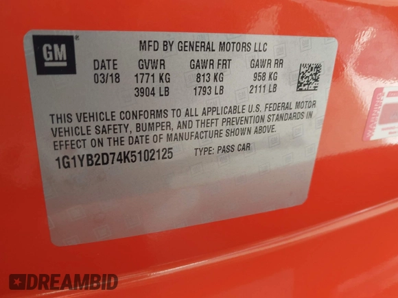 2019 Chevrolet Corvette 1LT with VIN 1G1YB2D74K5102125, listed as a IAAI auction lot 42585894 with 43,939 mi miles and . Bid and sale history available at DreamBid. Image 9.