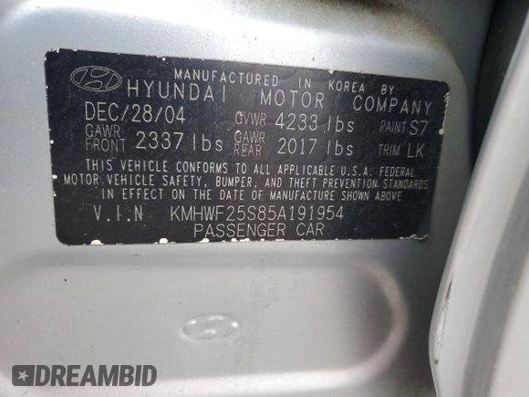 2005 Hyundai Sonata GL with VIN KMHWF25S85A191954, listed as a Copart auction lot 44233495 with 155,322 mi miles and Salvage Title. Bid and sale history available at carsss.com. Image 12.
