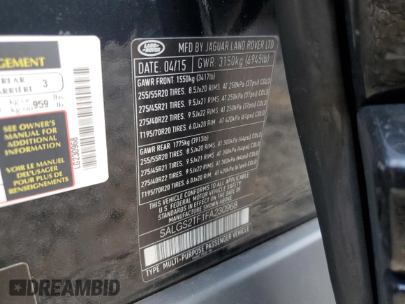 2015 Land Rover Range Rover Supercharged with VIN SALGS2TF1FA230968, listed as a Copart auction lot 66257165 with 133,695 mi miles and Clean title. Bid and sale history available at DreamBid. Image 13.