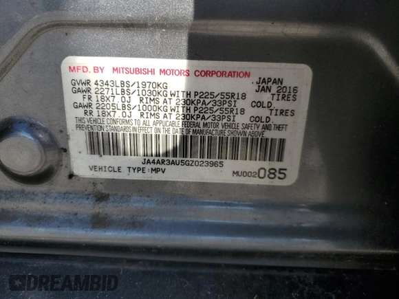 2016 Mitsubishi Outlander ES z VIN JA4AR3AU5GZ023965, wystawiony jako Copart lot #57271305 z przebiegiem 48 666 mil mil oraz Szkoda całkowita • Salvage title. Historia ofert i sprzedaży dostępna na DreamBid. Obrazek 14.